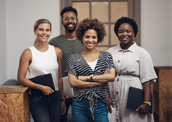 Poster - Business people, portrait and arms crossed in office for startup, diversity and small company agency. Creative designer, smile and art director happy for project proposal, collaboration and ambition