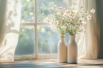 home decor ideas, vintage wooden table with upcycled wine bottle vases holding freshly picked flowers, bathed in soft morning light by the window