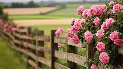 Beautiful pink roses blooming beside a rustic wooden fence, set against a serene green countryside landscape.