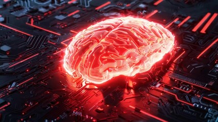 Poster - Futuristic Innovation Glowing Red Brain on Intricate Circuit Board Showcasing Fusion of Technology, Artificial Intelligence, and Neural Electronics