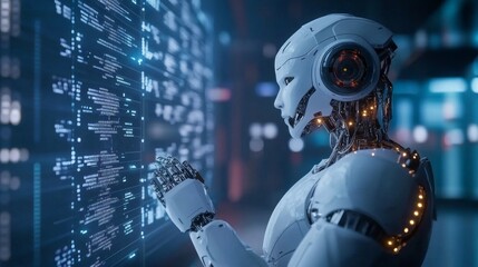 Poster - A robot is looking at a computer screen with a lot of numbers and letters on it