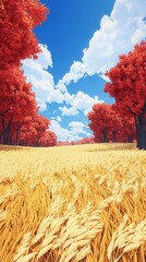 Poster - Autumn Field with Red Trees.