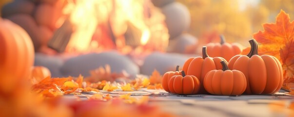 Sticker - Pumpkins on the Ground with Autumn Leaves and a Blurred Fire Pit in the Background.