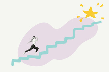 Wall Mural - creative poster collage young woman run upwards upstairs achieve goal accomplish dream reach top lad