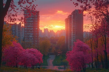 Wall Mural - A City Park at Sunset with Blooming Trees and Apartment Buildings