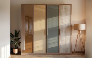 a wooden cabinet with a plant in it and a plant in the corner.