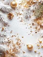 Wall Mural - flat lay of golden ornaments, pine branches, and snow-covered elements, creating a winter festive de