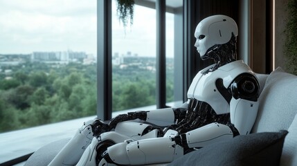 Poster - A robot is sitting on a bed in front of a window