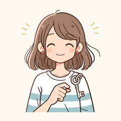 An adorable cartoon illustration showcasing a girl with a bob haircut and a big smile holding an old-fashioned key, symbolizing happiness and new beginnings with joy.