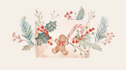  an envelope with Christmas decorations, such as pine branches