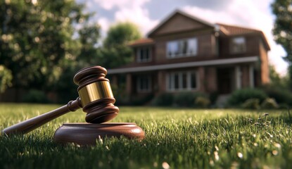 Gavel on a wooden surface with a house in the background, symbolizing real estate law