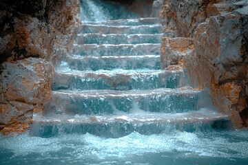 Water cascading down a rocky staircase