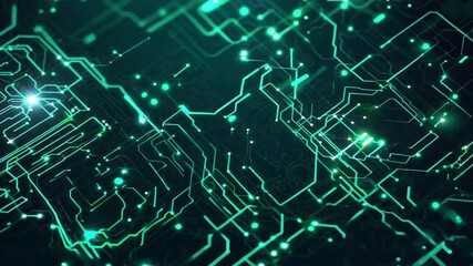 Poster - Futuristic digital circuit technology design with glowing green lines and abstract background, showcasing intricate electronics patterns and advanced connectivity.