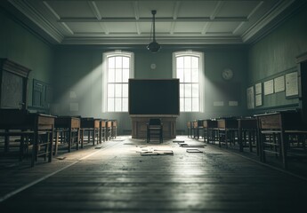 Empty chalkboard in old school classroom with vintage wooden desks, nostalgic atmosphere