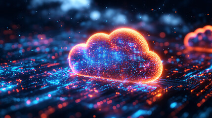 abstract cloud computing network with orange and blue lights