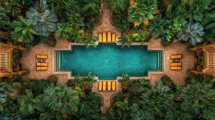 an aerial view of a large rustic swimming pool in natural tones, nestled within a tropical forest