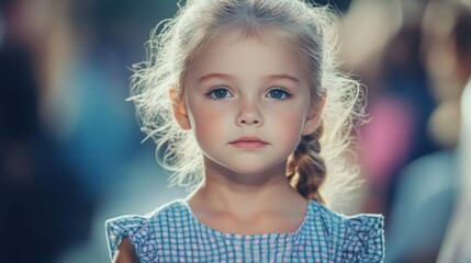 Wall Mural - A young girl with blonde hair and blue eyes is wearing a blue dress