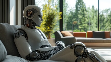 Poster - A robot is sitting on a couch in a living room
