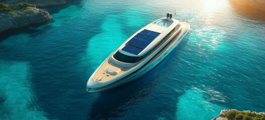 Solar-powered luxury yacht gliding through pristine blue waters, highlighting renewable energy use for marine travel and the ultimate experience in sustainable yachting