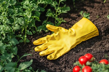 Yellow Gardening Glove on Soil with Green Plants and Tomatoes