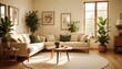 © Elegant Design & Art - A cozy modern house interior decorated with Scandinavian furniture, including a light-colored sofa, a wooden coffee table, and potted green plants, with a warm color palette and soft lighting