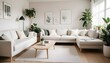 © Elegant Design & Art - A cozy modern house interior decorated with Scandinavian furniture, including a light-colored sofa, a wooden coffee table, and potted green plants, with a warm color palette and soft lighting