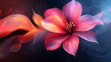 Wall Mural - A delicate, pink flower with glowing, flowing tendrils on a dark background, with shimmering particles.