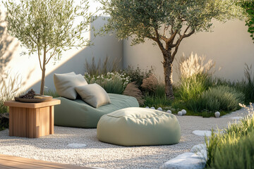 A rustic outdoor dining area backyard garden with a wooden bench paired with a natural oak table. A dwarf olive tree stands tall nearby
