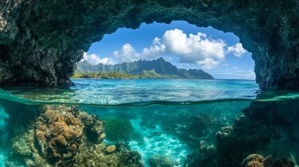 Poster - A beautiful blue ocean with a mountain range in the background