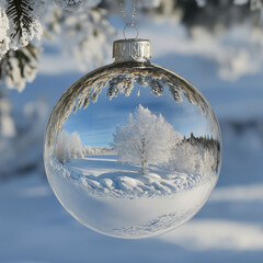 Wall Mural - a christmas ornament reflecting a snowy winter forest