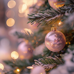Wall Mural - closeup of a glittery pink christmas ornament on a christmas tree.