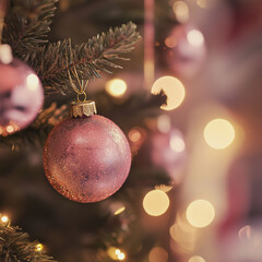 Wall Mural - closeup of a glittery pink christmas ornament on a christmas tree.