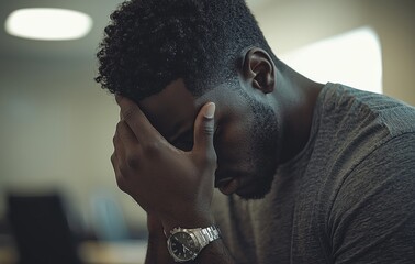 Contemplative Black man with head in hands showcasing stress and introspection in moody indoor setting