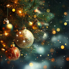 Wall Mural - christmas decoration. hanging gold balls on pine branches christmas tree garland and ornaments over 