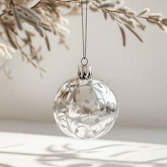 Wall Mural - close up shot of a single white glittering christmas ball decoration hanging off a christmas tree