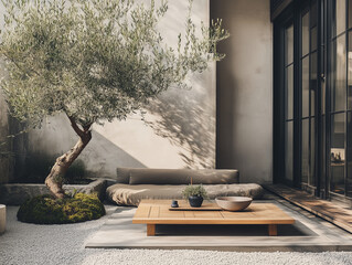 A rustic outdoor dining area backyard garden with a wooden bench paired with a natural oak table. A dwarf olive tree stands tall nearby
