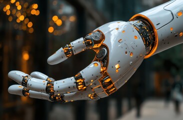 Poster - Robotic hand reaching out, symbolizing innovation and technology in a futuristic setting with glowing lights