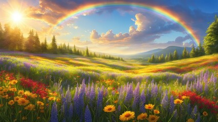 A vibrant landscape with a rainbow over a field of colorful flowers and rolling hills.