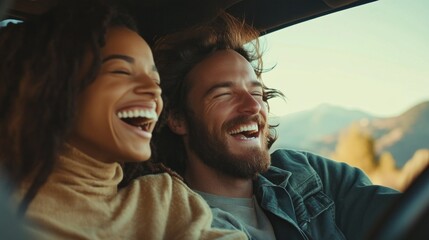 Wall Mural - A man and a woman are smiling and laughing together in a car