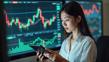 Sticker - Investor analyzing exchange market, asian young business woman, girl trader on graphic charts on tablet, smartphone for trading stock, looking at screen with diagrams at home office. Start up people. 