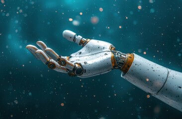 Poster - Robotic hand reaching out on a dark background symbolizing technology and innovation in the field of artificial intelligence and future advancements