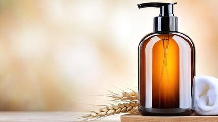 Elegant amber glass shampoo bottle on wooden board with wheat and cloth in natural light, showcasing minimalist beauty product design