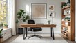 © Art_You - Light-filled home office with a minimalist design featuring natural wood furniture, large windows, and indoor plants for a serene work environment