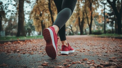 A woman is running on a path with leaves on the ground