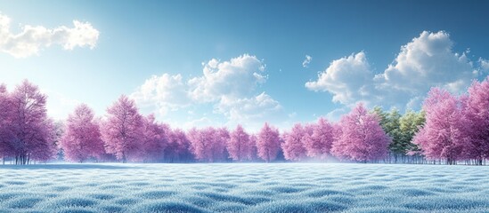 A serene landscape with pink trees and a blue field under a clear sky.