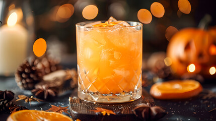 Close up view of tasty orange cocktail in a glass with decor for Halloween, on dark background