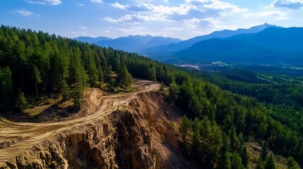 Poster - A winding dirt road leads through a dense forest on a mountainside, with a breathtaking view of the valley below.