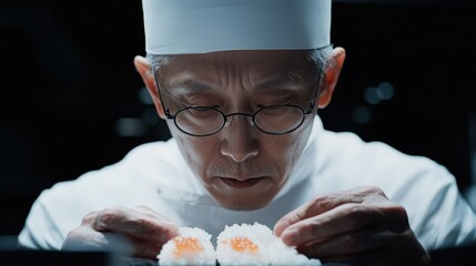 Skilled sushi chef prepares delicate rolls with precision in a vibrant restaurant kitchen