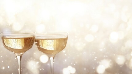 Aufkleber - Two glasses of sparkling champagne stand before a soft golden backdrop filled with bokeh lights, creating a festive and luxurious vibe for celebrations and special occasions.
