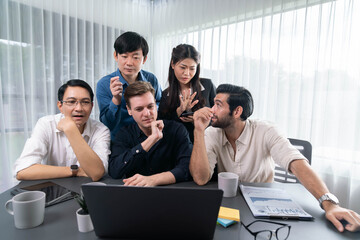 Group of diverse office worker employee working together on strategic business marketing planning in corporate office room. Positive teamwork in business workplace concept. Prudent